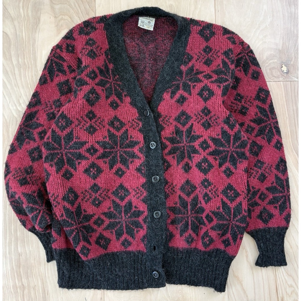 Hilda Ltd Vintage Icelandic 100% Wool Cardigan Womens L Nordic Fair Isle Red